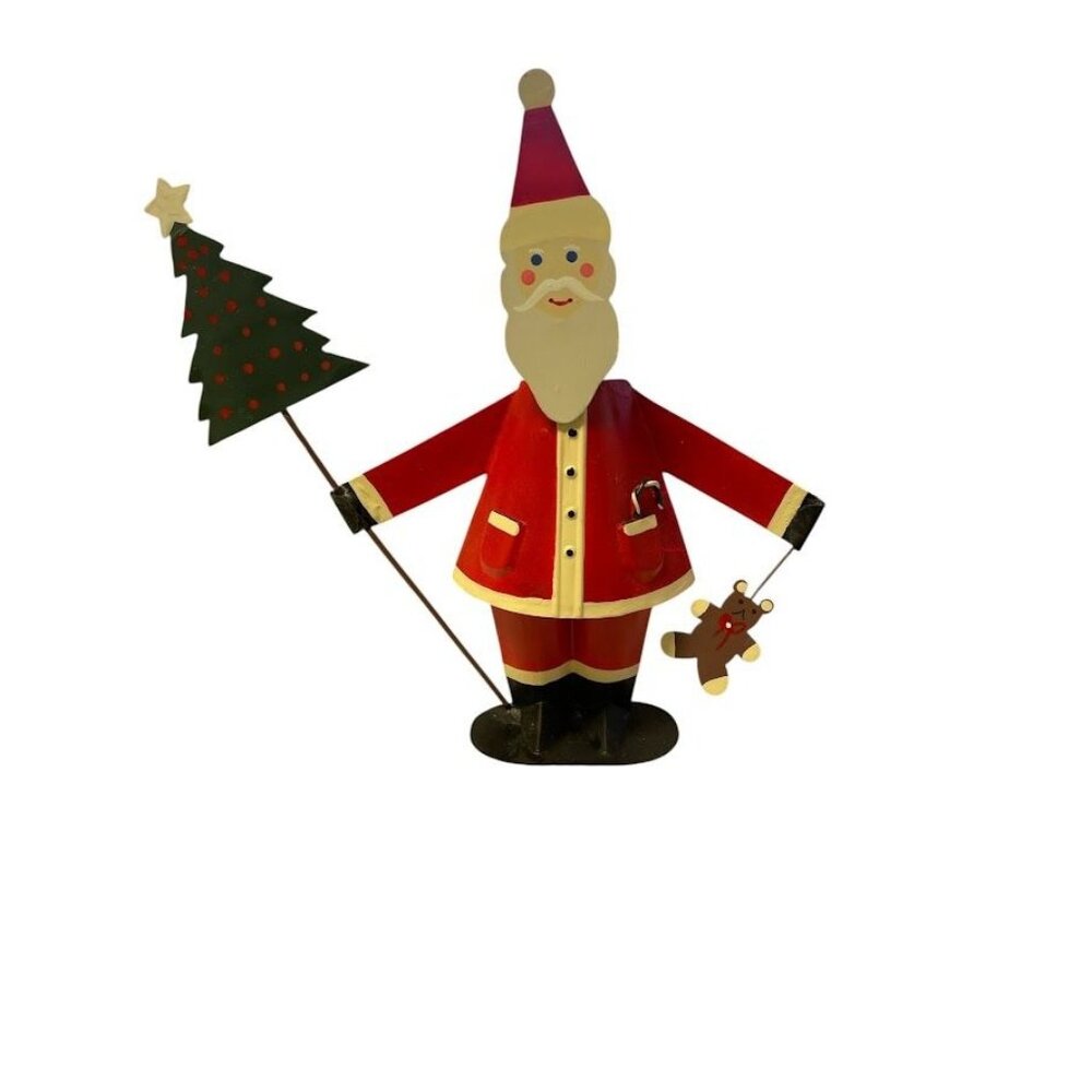 Dept 56 Metal Santa Claus Figurine Holding Tree & Teddy Bear